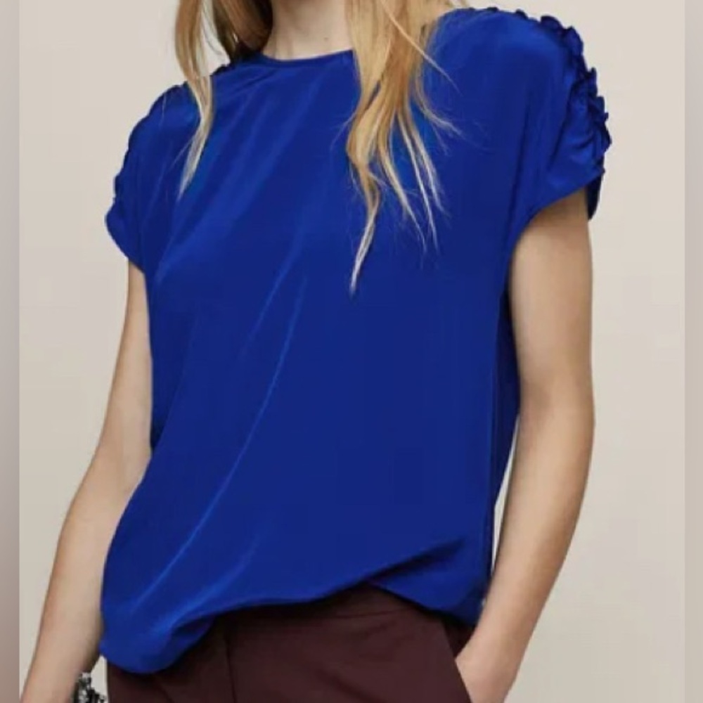 REISS Natalie Cobalt Blue Silk Crepe Blend Ruffle Short Sleeve Round Neck Top L